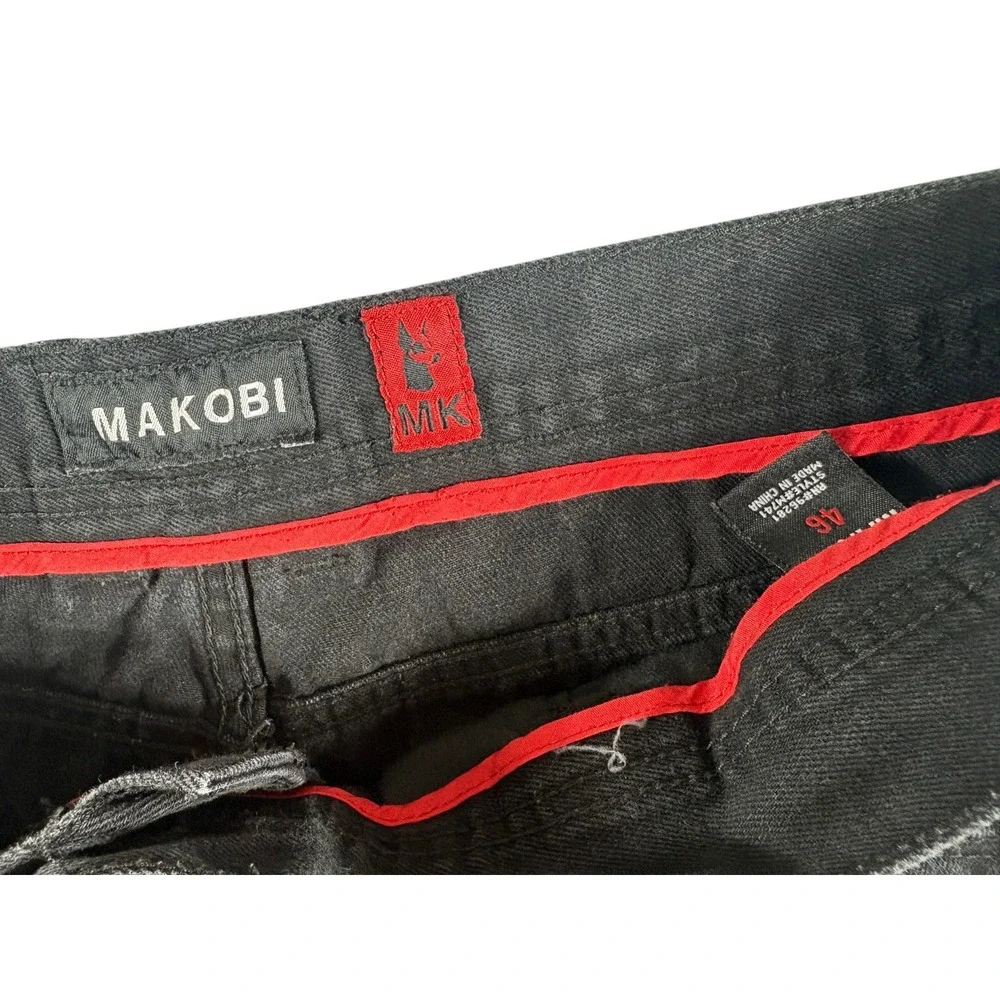 Makobi Biker Shorts Mens 46 Black Denim Distressed Rugged Moto Casual Gold Zip